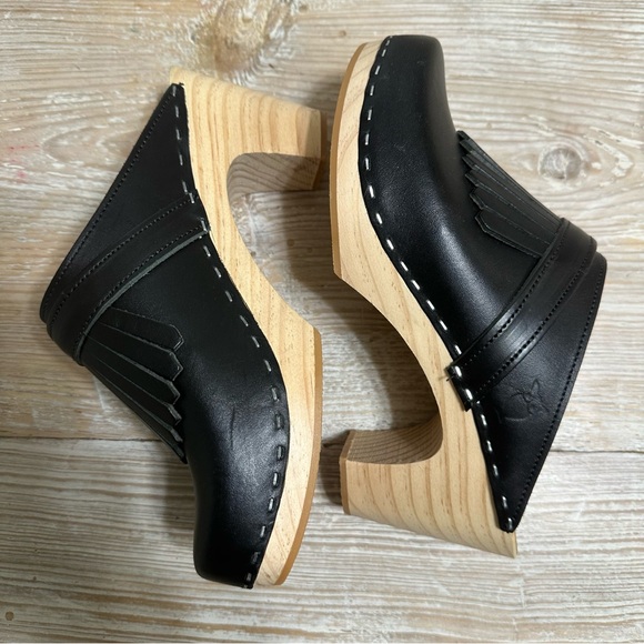 NWOB Sandgrens Venice Fringed Heeled Clog Mule Black Leather Scandi 6-6.5 - Picture 9 of 15